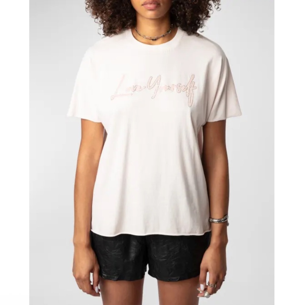 Zadig & Voltaire Tommer Sweet Light Pink Love Yourself Rhinestone Crystal Tee